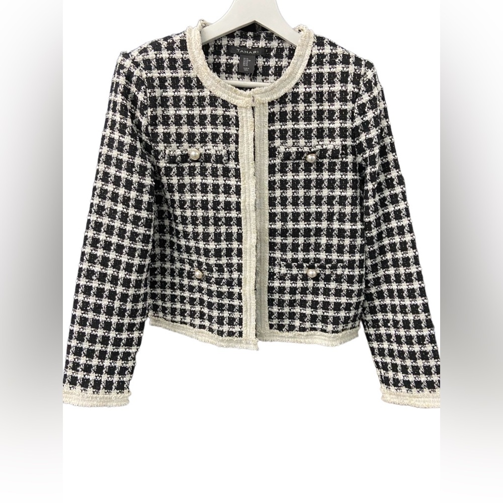Tahari tweed jacket black and white with gold buttons new